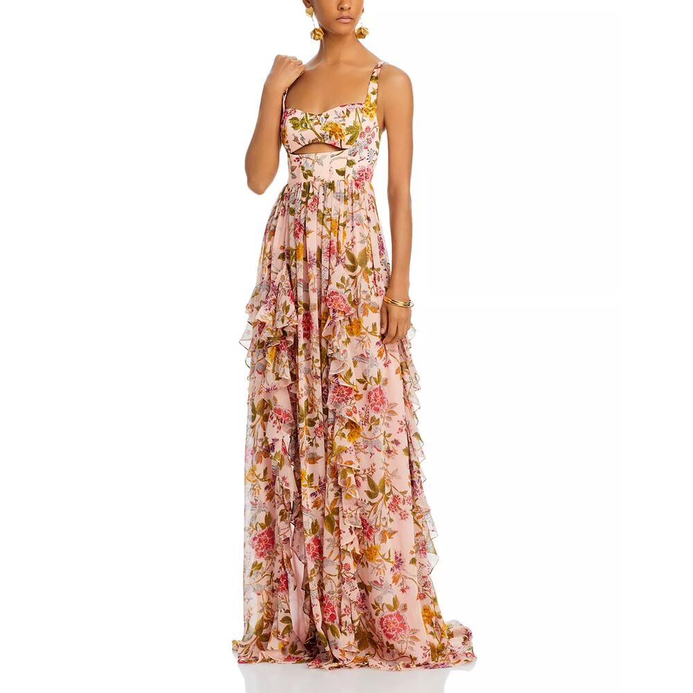 NWT Cinq a Sept Xiomara Gown Soft Pink Multi Floral Cutout Ruffle Maxi Dress 12